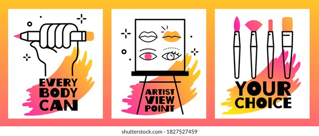 Vector set of illustration of paintbrush, artist easel and hand holding a pencil with text