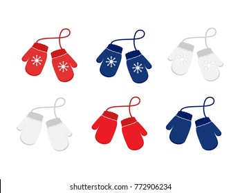 Vector set illustration pair of knitted christmas mittens on whitebackground. Mitten icon. Christmas greeting card with mittens