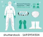 vector set illustration of personal protective equipment concept. 
doctor in protective PPE suit wearing Safety White Hooded Protection Suit Anti-Chemical Wear Labface mask and eyeglasses.