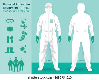 vector set illustration of personal protective equipment concept. 
doctor in protective PPE suit wearing Safety White Hooded Protection Suit Anti-Chemical Wear Labface mask and eyeglasses.