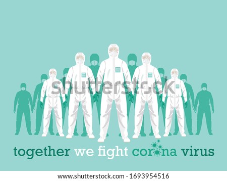 vector set illustration of personal protective equipment concept. 
doctor in protective PPE suit wearing Safety White Hooded Protection Suit Anti-Chemical Wear Labface mask and eyeglasses.