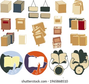 Vector set illustration pile of books. Hand on the book logo, open book. Reading man. Book cover, library, collection, edition.  Signage, items. Stickers, Literary elements. Cartoon style.
