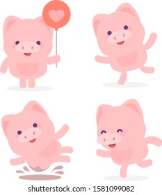 Vector set of illustration of pink little happy pig in different pose on white background with shadow. Flat style design of piggy for web, site, banner, greeting card