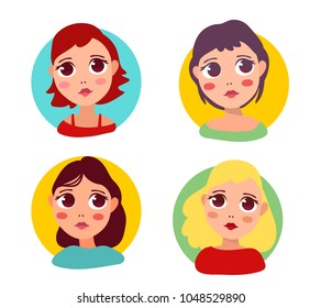 Vector set of illustration of portrait of a beautiful thoughtful and shy girl with big eyes and colorful hair in circle frame on white background. Hand drawn flat style head of girl for avatar, card