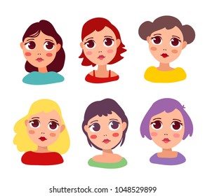 Vector set of illustration of portrait of a beautiful thoughtful, dreaming, sad and shy girl with big eyes and colorful hair on white background. Hand drawn flat style head of girl for web avatar