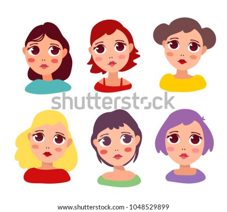 Vector set of illustration of portrait of a beautiful thoughtful, dreaming, sad and shy girl with big eyes and colorful hair on white background. Hand drawn flat style head of girl for web avatar