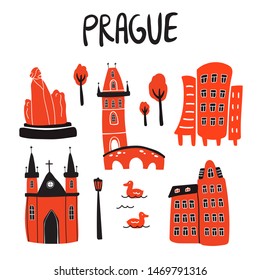 Vector set illustration of Prague attractions. Set of silhouette icons for print, posters, banners, t-shirt, touristic promotion in doodle style on white background