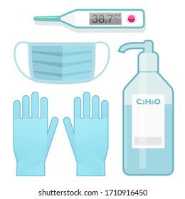 Vector set of illustration of protective means against viral infection. Design of informational articles, newsletter, medical infographics.
