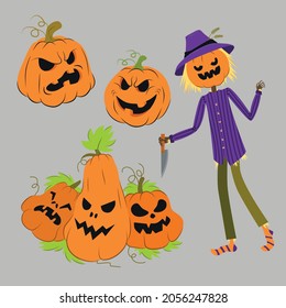 Vector set illustration of pumpkins with faces Halloween night