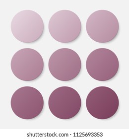 Vector set of illustration of purple paper circle notes. Empty label round sticker, tag. Blank templates of a price tags. Mockup for your business presentation. Abstract background, banner, card.