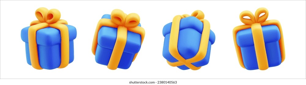 Vector set of illustration of realistic blue color gift box with ribbon isolated on white background. 3d style holiday design of different angle of present box. Festive gift surprise for web, banner
