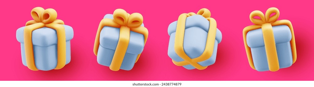 Vector set of illustration of realistic blue color gift box with golden ribbon on pink background. 3d style holiday soft cartoon design of different angle of present box. Festive gift surprise card