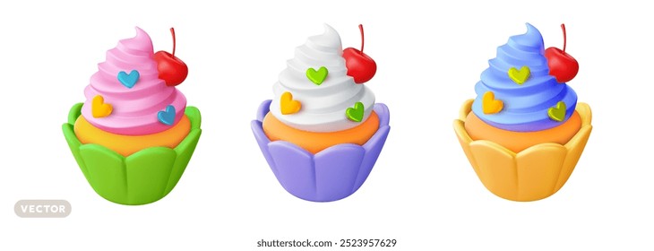 Vector set of illustration of realistic cupcake with cream and cherry on white background. 3d style design of different flavor cake with whipped cream, berry and heart. Sweet food for banner, menu