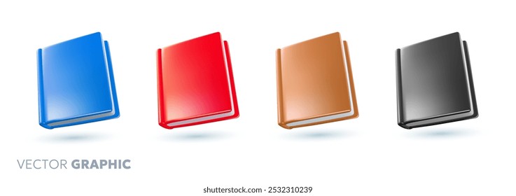 Vector set of illustration of realistic different color book with shine leather cover and shadow on white background. 3d style cartoon design of book collection for web, site, banner