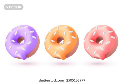 Vector set of illustration of realistic glazed donut with sprinkles on white color background. 3d style design of donut with different color glaze. Sweet food collection for web, site, banner, menu