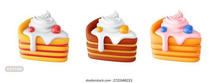 Vetor conjunto de ilustração de pedaço realista de bolo com creme e baga no fundo branco. 3d estilo design de sabor diferente e bolo de cor com chantilly. Comida doce para banner, cartão