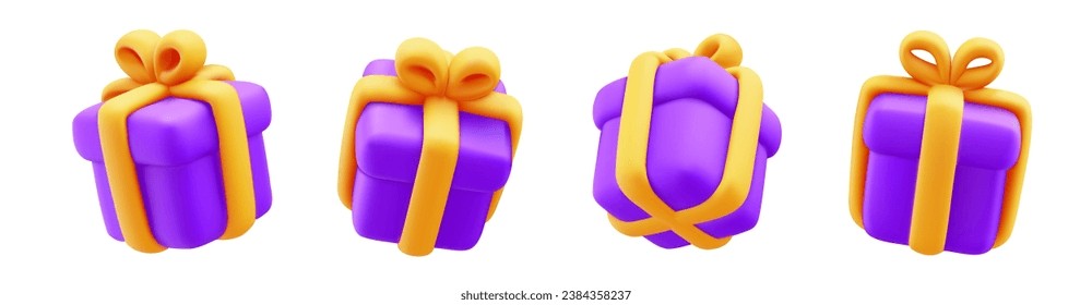 Vector set of illustration of realistic purple color gift box with yellow ribbon isolated on white background. 3d style holiday design of different angle of present box. Festive gift surprise for card