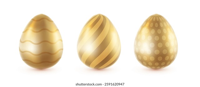 Vector set of illustration of realistic shine golden egg with pattern isolated on white background. 3d cartoon style design of different metal golden egg for holiday easter hunt greeting card, banner
