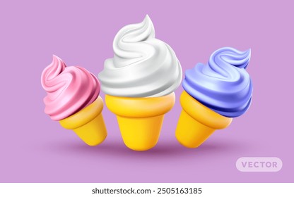 Vector set of illustration of realistic soft serve swirl ice cream in waffle cone on pink color background. 3d style cartoon design of different flavor ice cream in cup with shadow. Sweet food