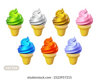 Conjunto de Vector de ilustración de helado de remolino de servir suave realista en cono de gofre. Diseño de dibujos animados de estilo 3D de diferentes sabores de helado en taza sobre fondo de color blanco. Comida dulce para el Anuncio, menú