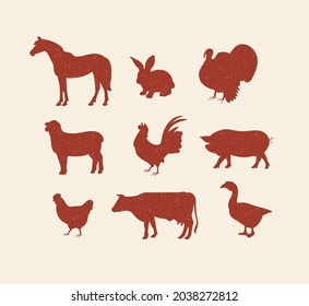 Vector set illustration red sketch silhouettes farm animals. A Collection of pig, cow, horse, lamb and birds.