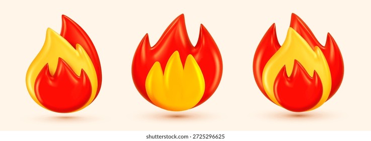 Vektorgrafik der roten und gelben Farbe brennende Flamme des Feuers. Sammlung von glänzenden Emoji Feuer auf hellem Hintergrund. 3D-Stil Design von Feuer oder Lagerfeuer Flamme Symbol für Banner