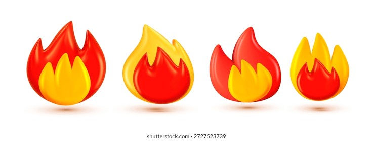 Vektorgrafik der roten und gelben Farbe Emoji Feuer. Sammlung von glänzend brennenden Flammen des Feuers auf weißem Hintergrund. 3D-Stil Design von Feuer oder Lagerfeuer Flamme Symbol für Banner