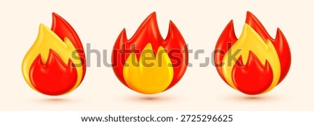 Vector set of illustration of red and yellow color burning flame of fire. Collection of glossy emoji fire on light background. 3d style design of bonfire or campfire flame symbol for banner