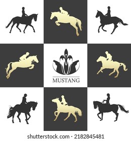 Vector set illustration, rider controls running horse, competition dressage, jumping