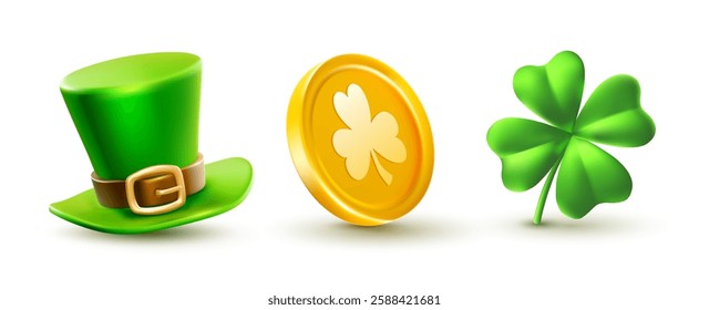 Vector set of illustration of saint patricks day element isolated on white background. Leprechaun green top hat with buckle, golden coin and four leaf clover. 3d style design for st patrick day icon