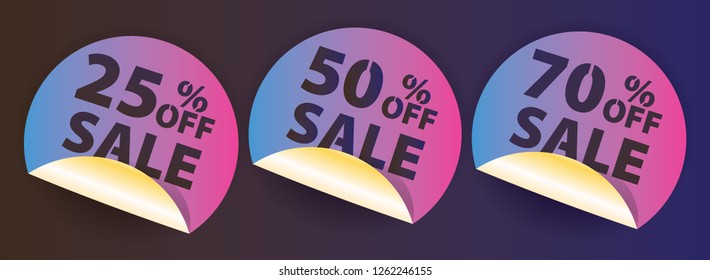 Vector set illustration of sale sticker with dark text. Colorful gradient vector discount label on dark background up to 25, 50, 70 percent. Black friday.
