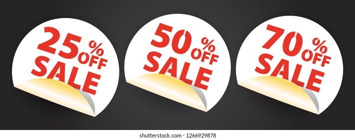 Vector set illustration of sale sticker with red text. White vector discount label on dark background up to 25, 50, 70 percent. Black friday