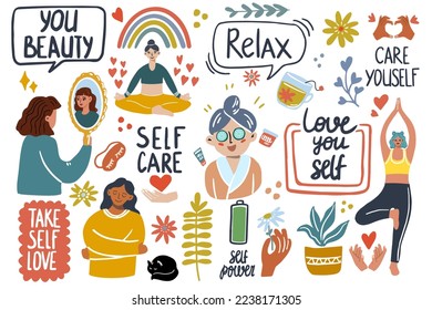 Vector set illustration of self care. Cute girl or woman hugging herself. Collection with heart shape and lettering elements.