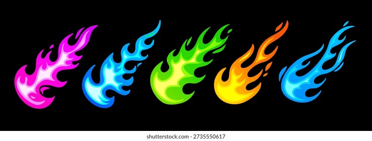 Vector set of illustration of shine burning tongue of flame on black background. Bright various color fire shape symbol. Flat style design of collection of tongue of flame icon for banner, poster