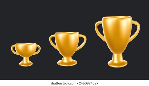 Vector set of illustration of  shine golden color winner cup of different size on black background. 3d style design of champion cup. First place award for web, site, banner, poster, card