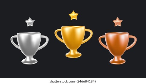 Vector set of illustration of shine golden, silver and bronze color winner cup with star on black background. 3d style design of champion cup. First place award for web, site, banner, poster, card