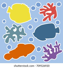 vector set illustration silhouette stickers orange clown fish, yellow butterfly fish, blue angel fish and corals and bubbles on blue background