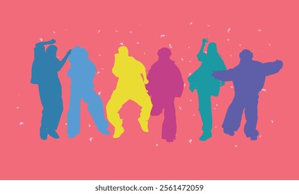 vector set illustration silhouettes of expressive dance people dancing. Jazz funk, hip-hop, house dance lettering. Dancer.