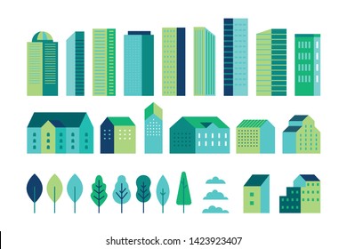 Vector set of illustration in simple minimal geometric flat style - city landscape elements - buildings and trees - city constructor for background for header images for websites, banners, covers