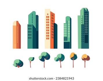 Vector set of illustration in simple minimal geometric flat style - city landscape elements - buildings and trees - city constructor for background for header images for websites, banners, covers