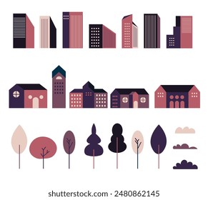 Vector set of illustration, simple minimal geometric flat style - city landscape elements - buildings and trees - city constructor for background for header images for website, cover, banner