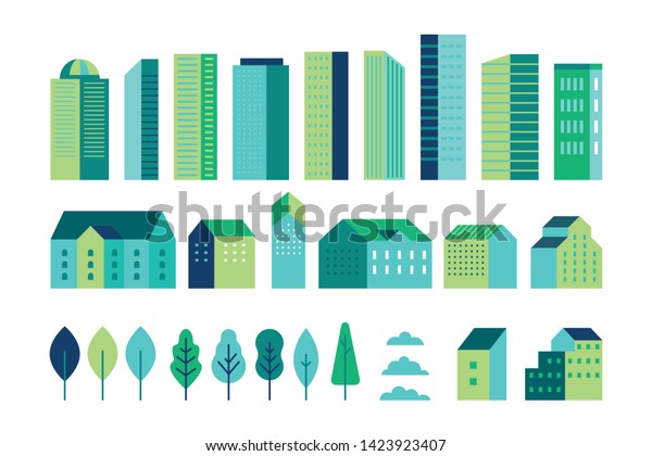 ウェブサイト バナー カバーのヘッダー画像の背景に シンプルな最小限の幾何学的なフラットスタイルのイラストのベクター画像セット 都市の景観エレメント 建物と木 のベクター画像素材 ロイヤリティフリー