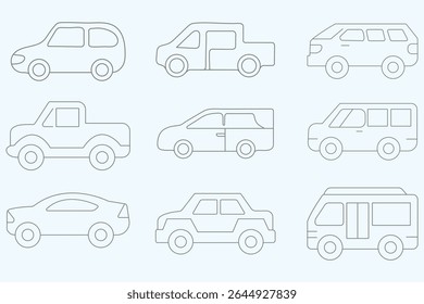 Vector set illustration of simple various types of car icons. Variety of Car Silhouettes in Simple Line Art.