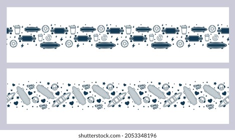 Vector Set of Illustration with Skateboard. Skateboarding Seamless Pattern with Coffee, Donut, Smile and Heart. Color Line Art Style Skate Background for T-shirt and Paper Print