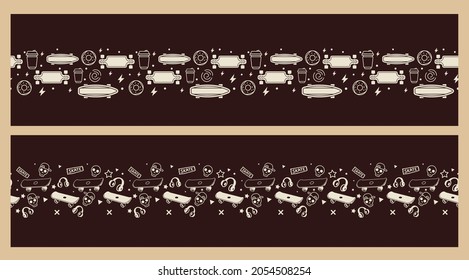 Vector Set of Illustration with Skateboard. Skateboarding Seamless Pattern with Headphones, Coffee, Donut. Line Art Style Skate Dark Color Background for T-shirt and Paper Print