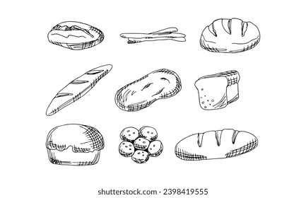 Vector set illustration , sketch hand drawn doodle style different bread shapes and white floor , tasty food isolate on white for different business, book ,.