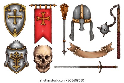 Vector set illustration of skull knight warrior with armor, shield, banner and weapon.