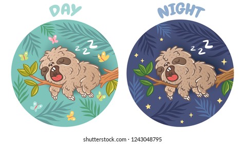 Vector set illustration of a sleep sloth on branch with green leaves. Sloth sleeps day and night.