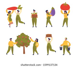 Vector set of illustration with small people harvesting vegetables. Harvesting, agricultural work, gardening concept. Design for web page, presentation, print, banner.