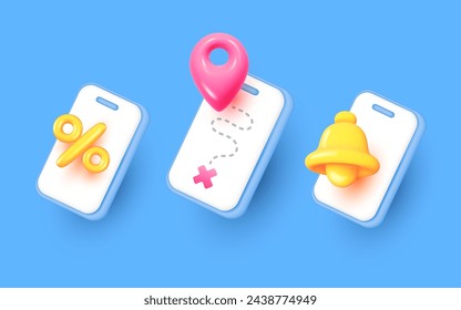 Vector set of illustration of smart phone with geo location sign, percent and bell on blue background. 3d style design of smart phone with navigation sign, notification and sale for web, site, banner